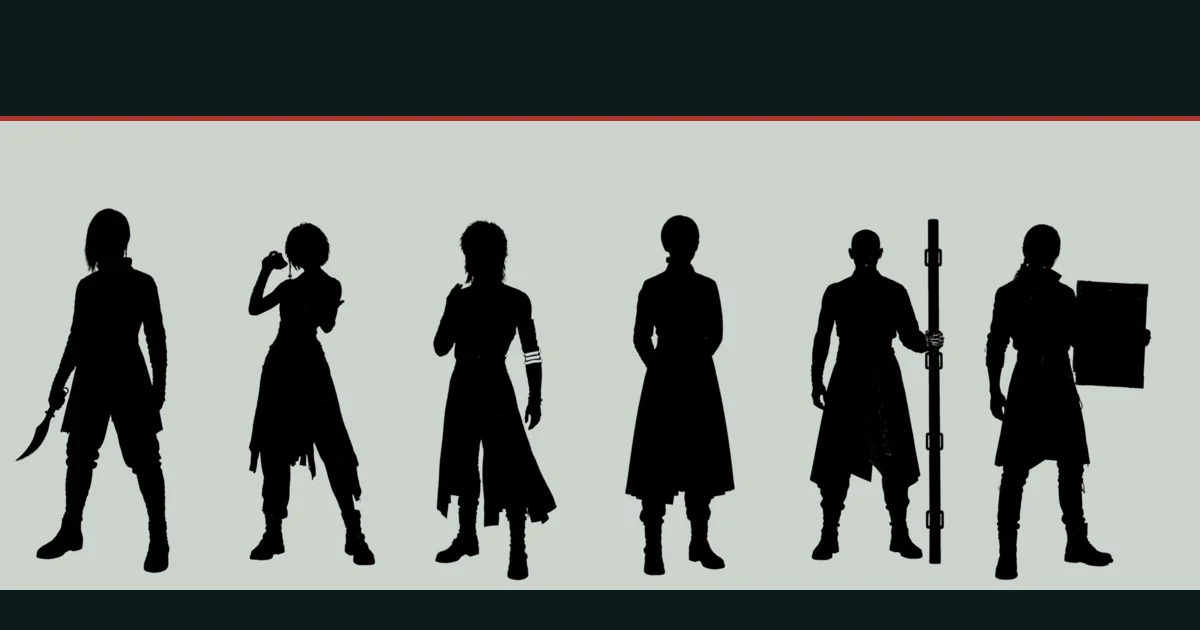 Six locked character silhouettes from The Five Empty Seats